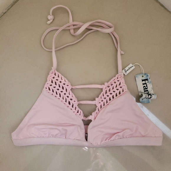Frankie's Small Sienna Light Pink Crochet Open Knit Tie Triangle Bikini Top - Picture 2 of 4